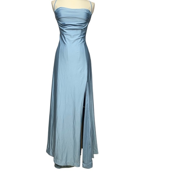 B Darlin Women’s Blue Satin Maxi Dress Size 13/14 Spaghetti Straps Open Back Sid - Picture 1 of 6